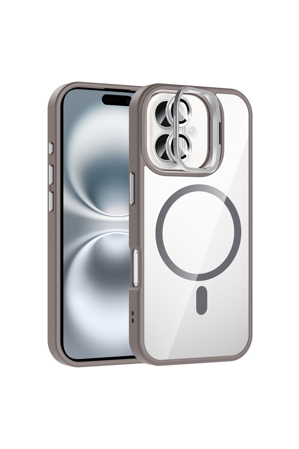 iPhone 16 Kılıf Standlı ve Kamera Lens Hediyeli M-Safe Şarj Özellikli ZPRB Etro Kapak - Gri