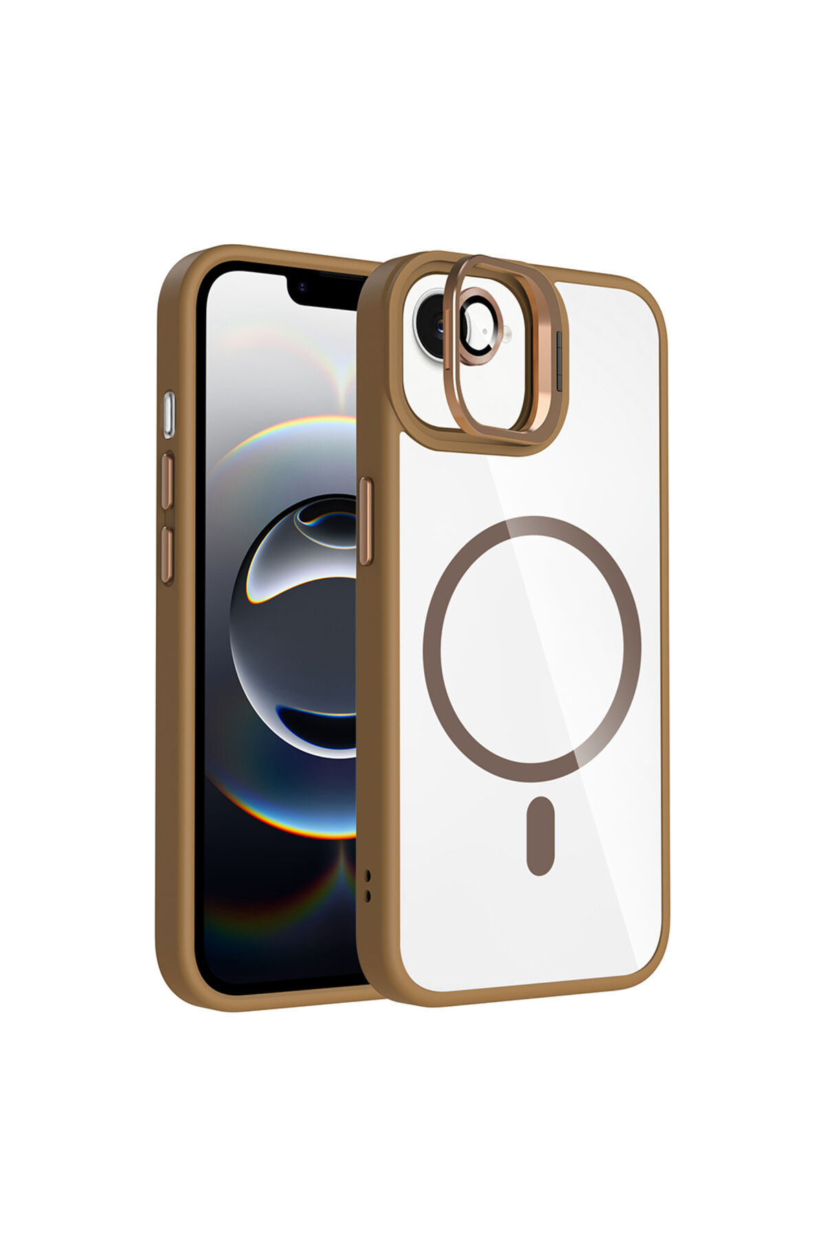 iPhone 16E Kılıf Standlı ve Kamera Lens Hediyeli M-Safe Şarj Özellikli ZPRB Etro Kapak - Desert Tita Desert Titanyum