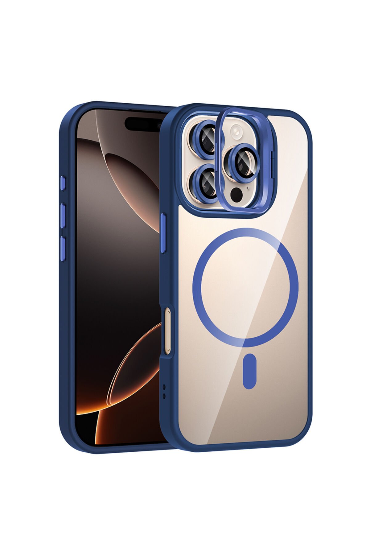 iPhone 16 Pro Kılıf Standlı ve Kamera Lens Hediyeli M-Safe Şarj Özellikli SNEL Etro Kapak - Lacivert