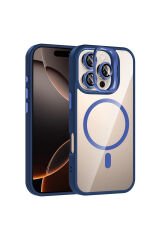 iPhone 16 Pro Kılıf Standlı ve Kamera Lens Hediyeli M-Safe Şarj Özellikli SNEL Etro Kapak - Lacivert