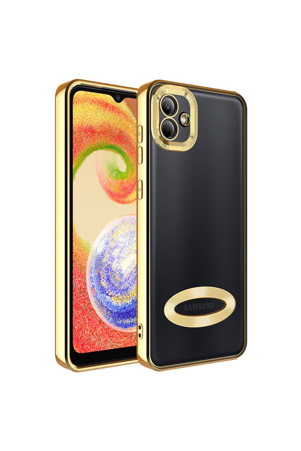 Galaxy A04 Kılıf Kamera Korumalı Logo Gösteren BSAY Omega Kapak - Siyah Gold