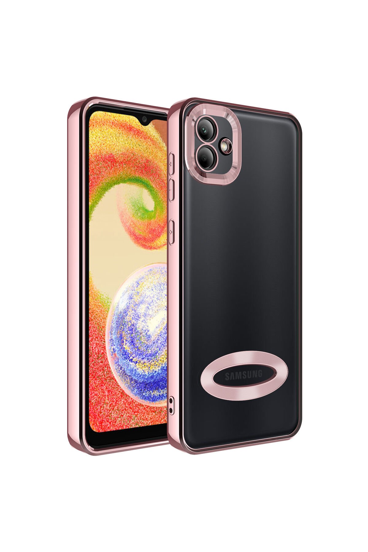 Galaxy A04 Kılıf Kamera Korumalı Logo Gösteren BSAY Omega Kapak - Siyah Rose Gold