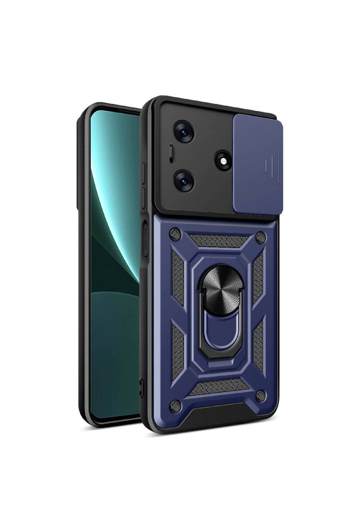 Tecno Spark 10 4G Kılıf Magnetik Standlı Kamera Korumalı BSAY Sürgülü Vega Kapak - Mavi Mavi
