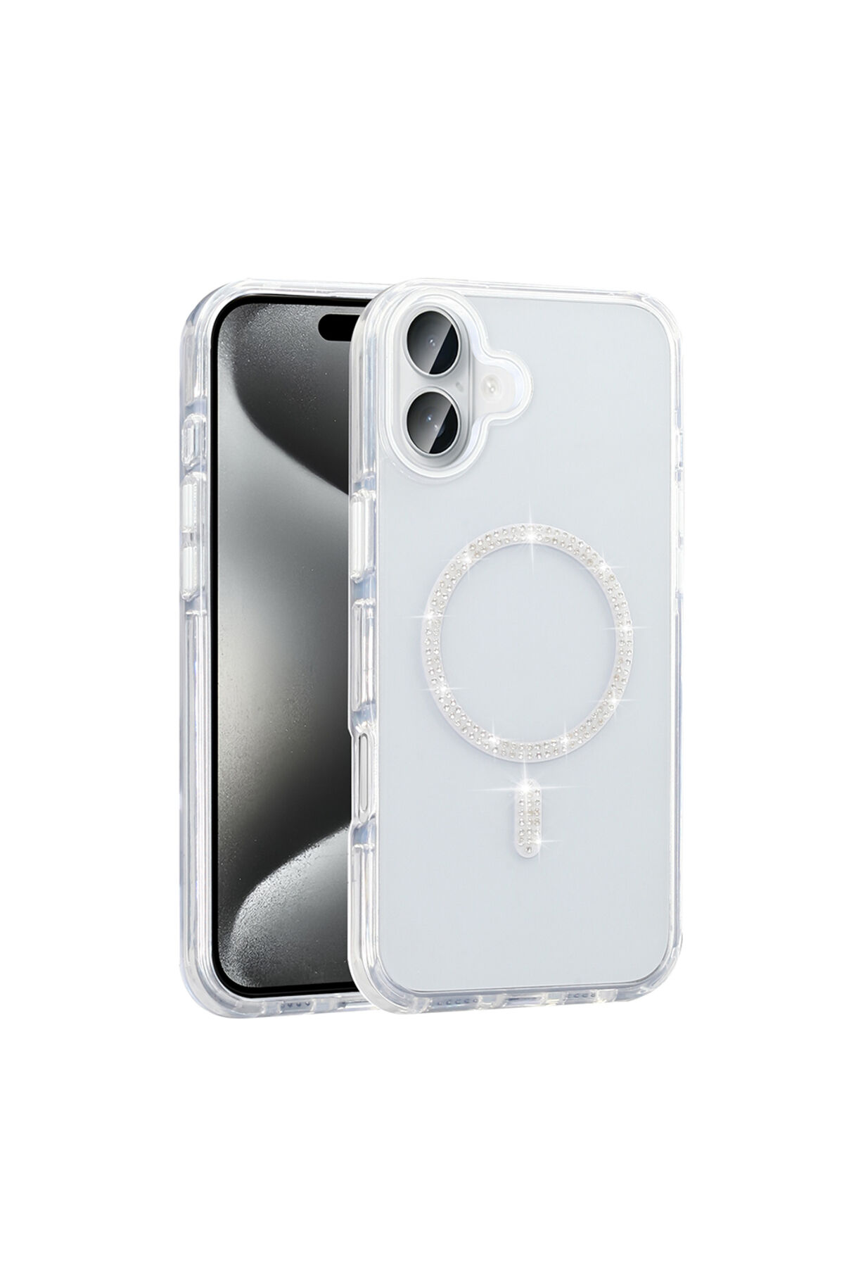 iPhone 16 Plus Kılıf Taşlı Tasarım M-safe Şarj Özellikli Zore Koment Silikon Kapak - Gümüş Gümüş