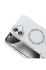 iPhone 16 Plus Kılıf Taşlı Tasarım M-safe Şarj Özellikli Zore Koment Silikon Kapak - Gümüş Altın
