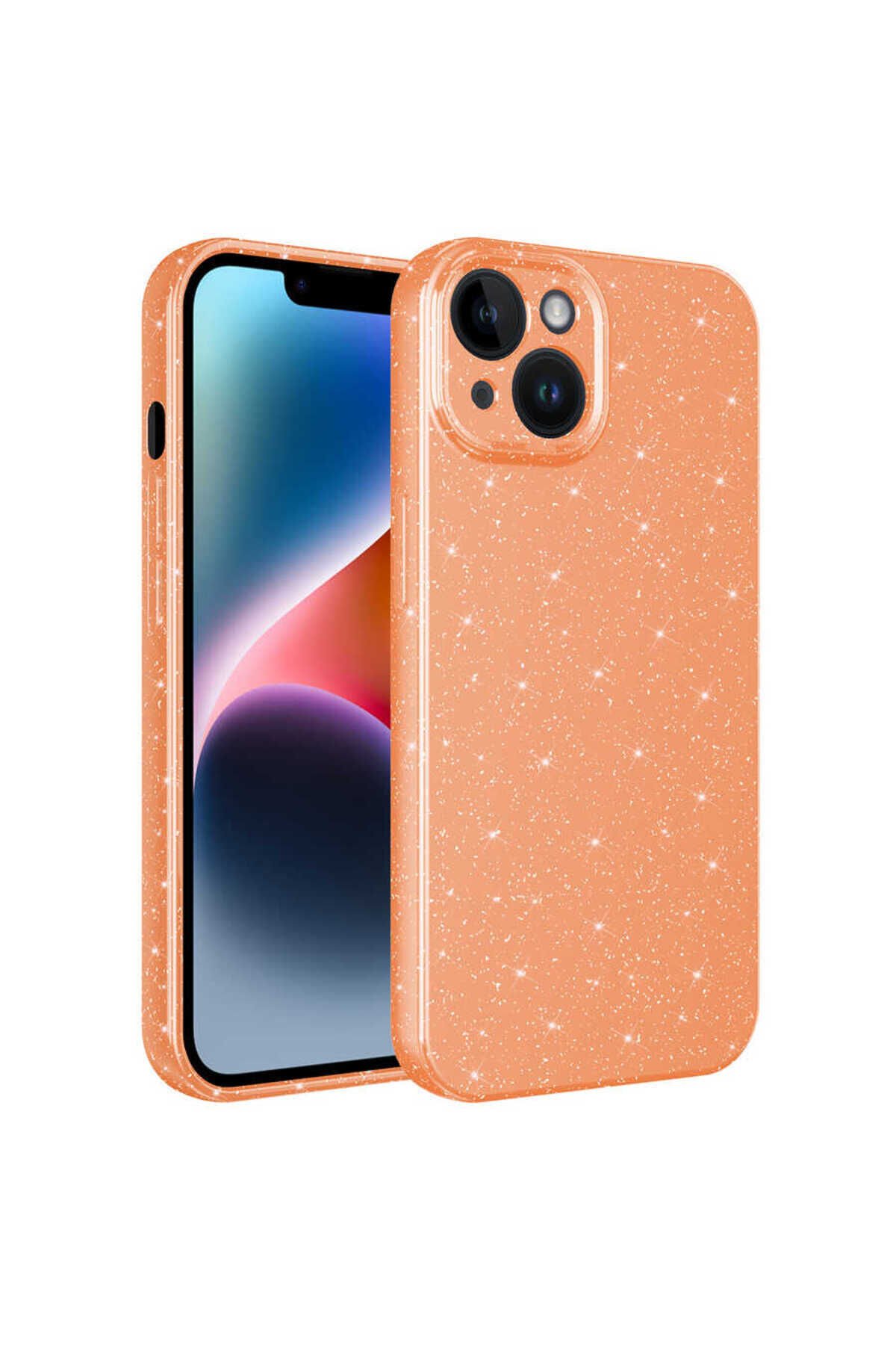 iPhone 13 Uyumlu Kamera Korumalı Simli Lüks BSAY Koton Kılıf-Beyaz Turuncu