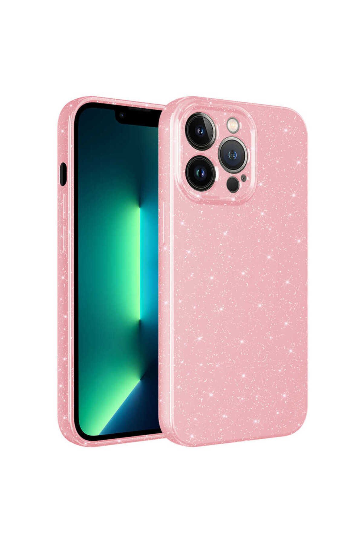 iPhone 13 Pro Uyumlu Kamera Korumalı Simli Lüks BSAY Koton Kılıf-Mor Pembe