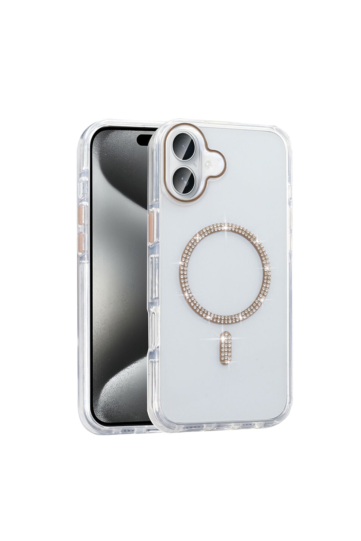 iPhone 16 Pro Max Kılıf Taşlı Tasarım M-safe Şarj Özellikli Zore Koment Silikon Kapak - Gold Altın
