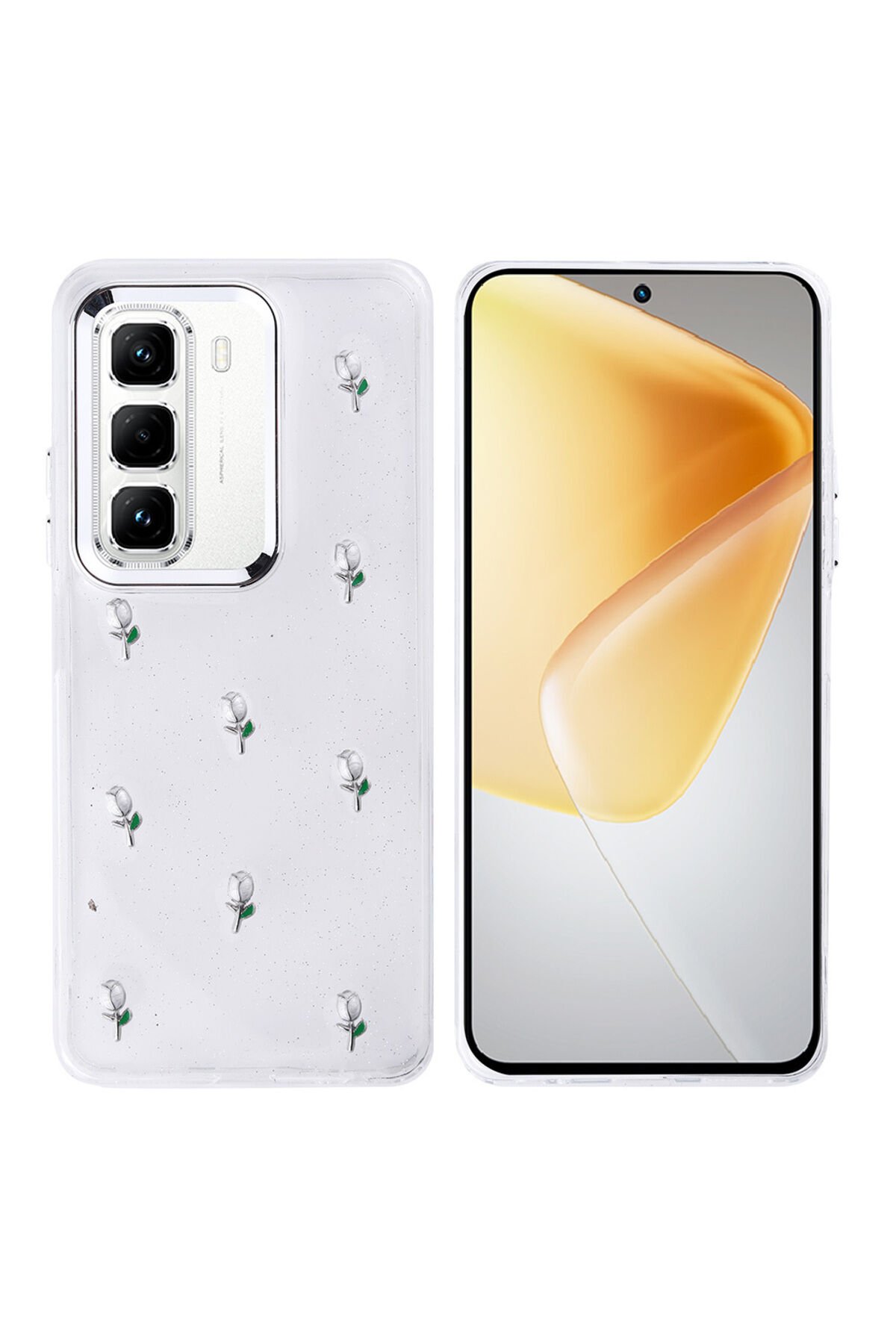 İnfinix Hot 50 Pro 4G Kılıf Airbag Tasarımlı Simli Şeffaf BSAY Kutup Kapak - Kiraz Lale