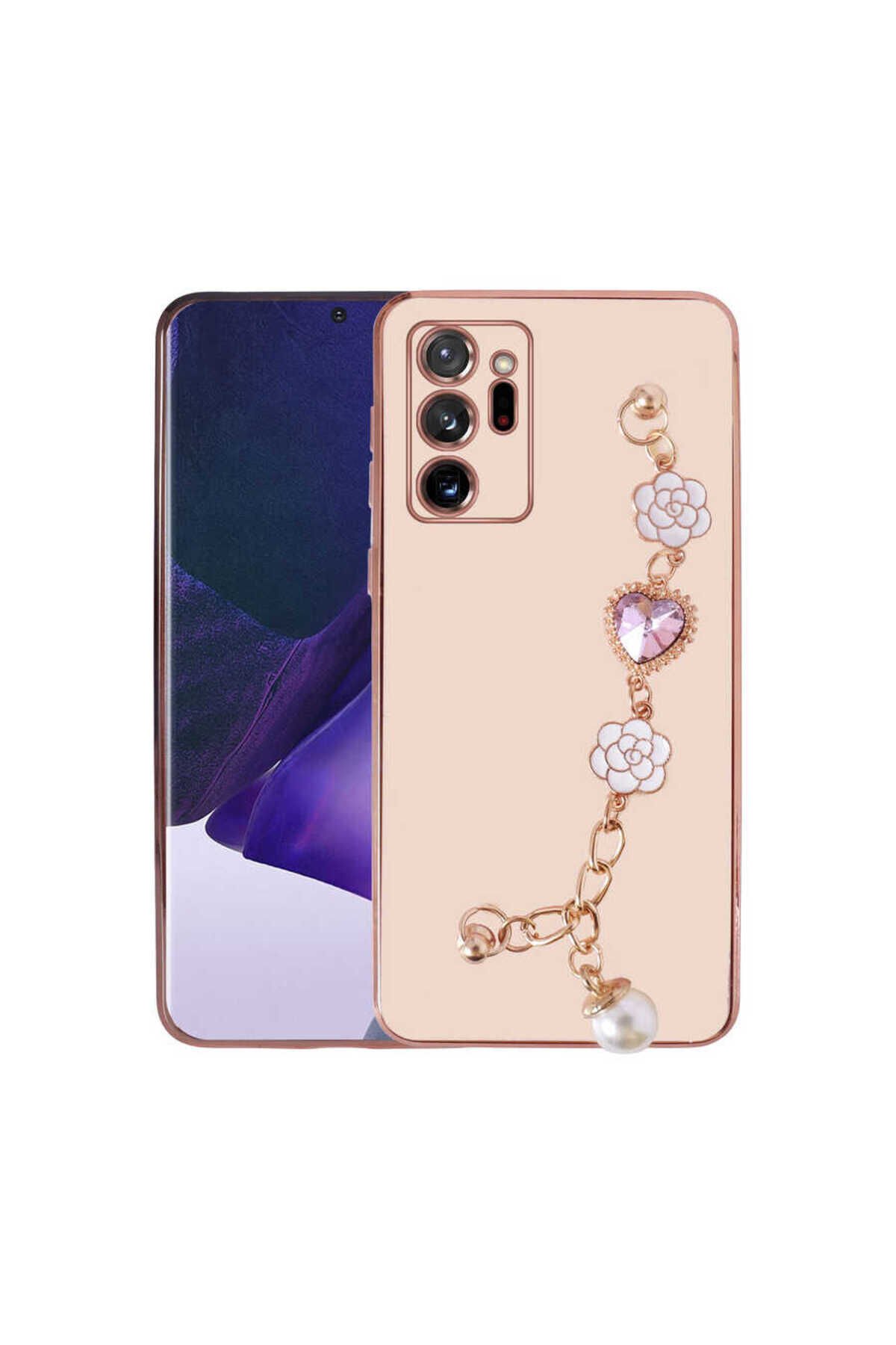 Galaxy Note 20 Ultra Uyumlu El Tutamaçlı Kamera Korumalı BSAY Taka Silikon Kılıf-Beyaz Pembe