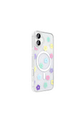 iPhone 16 Kılıf M-Safe Şarj Özellikli Şeffaf Folk Sert Kapak - Çilek Beyaz