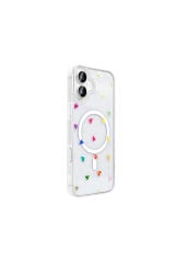 iPhone 16 Kılıf M-Safe Şarj Özellikli Şeffaf Folk Sert Kapak - Çilek Beyaz
