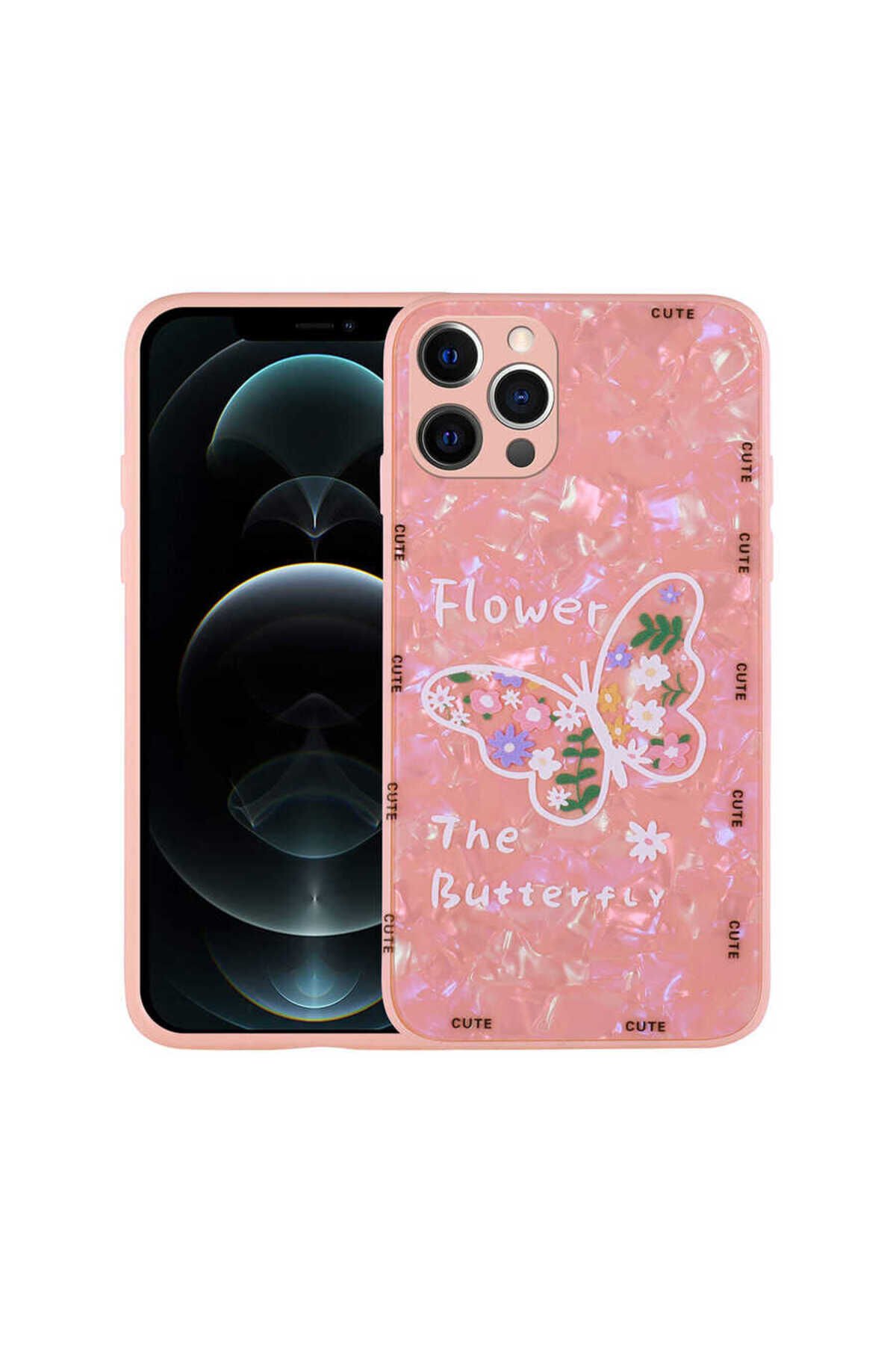 iPhone 13 Pro Uyumlu Desenli Sert Silikon BSAY Mumila Kılıf-Pink Flower