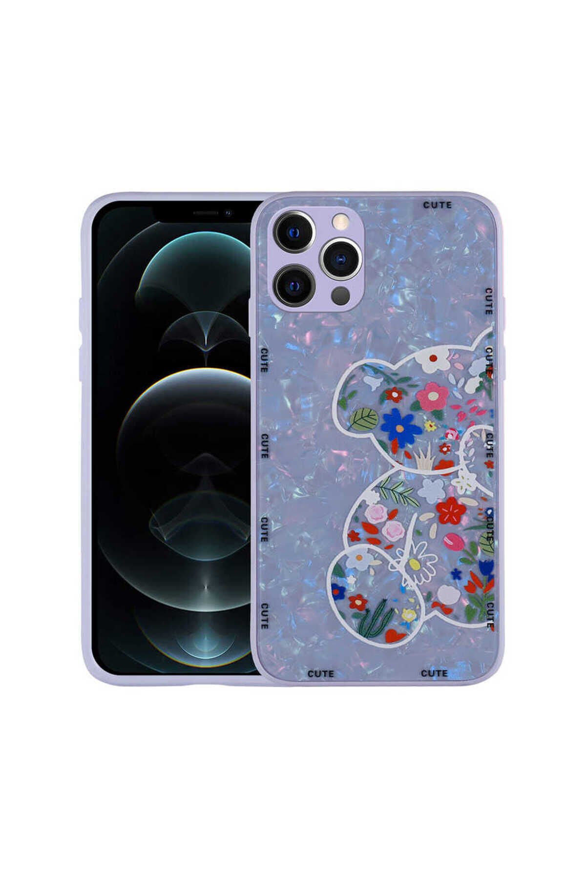 iPhone 13 Pro Max Uyumlu Desenli Sert Silikon BSAY Mumila Kılıf-Lilac Bear