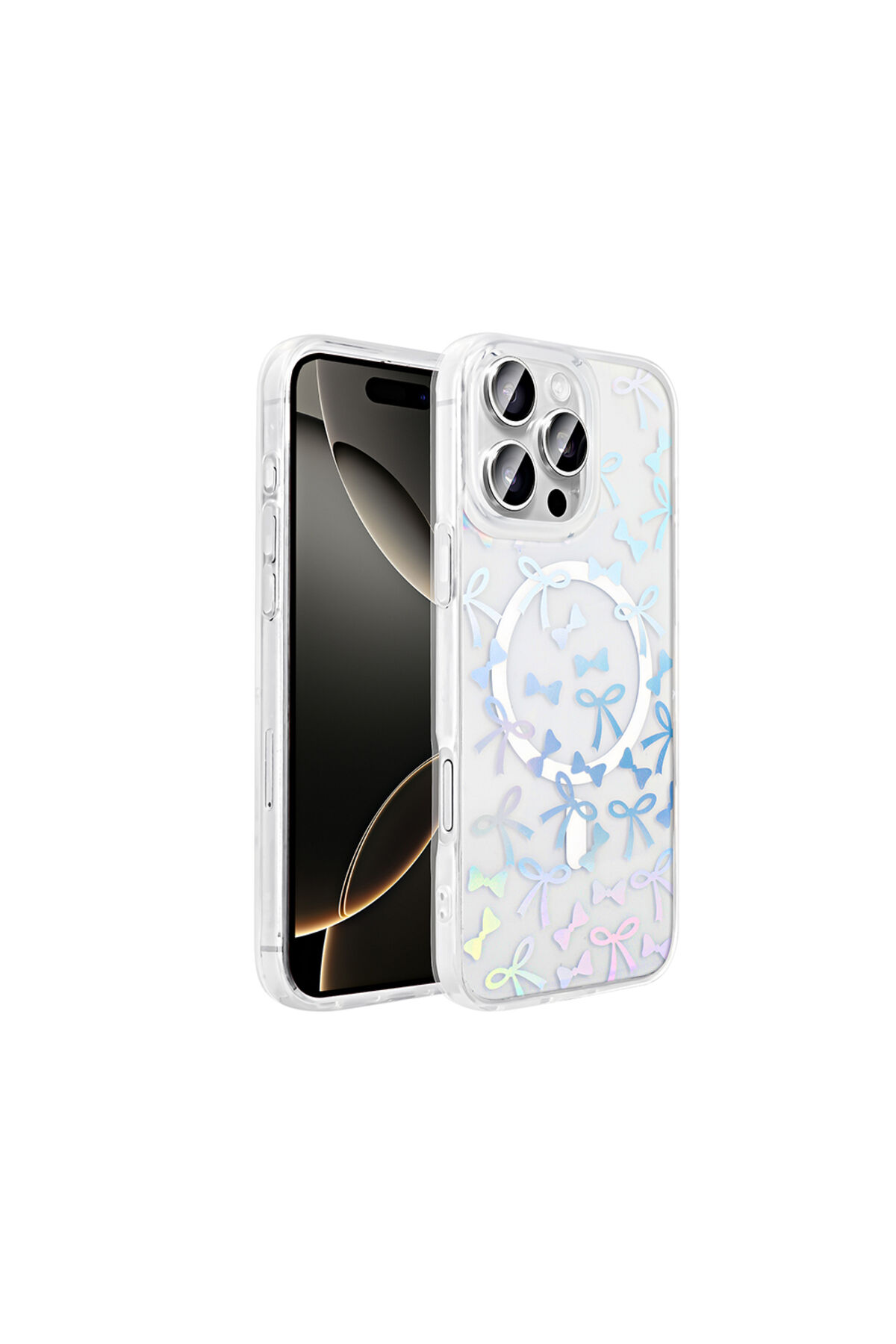 iPhone 16 Pro Kılıf M-Safe Şarj Özellikli Şeffaf AKRE Folk Sert Kapak - Fiyonk Beyaz