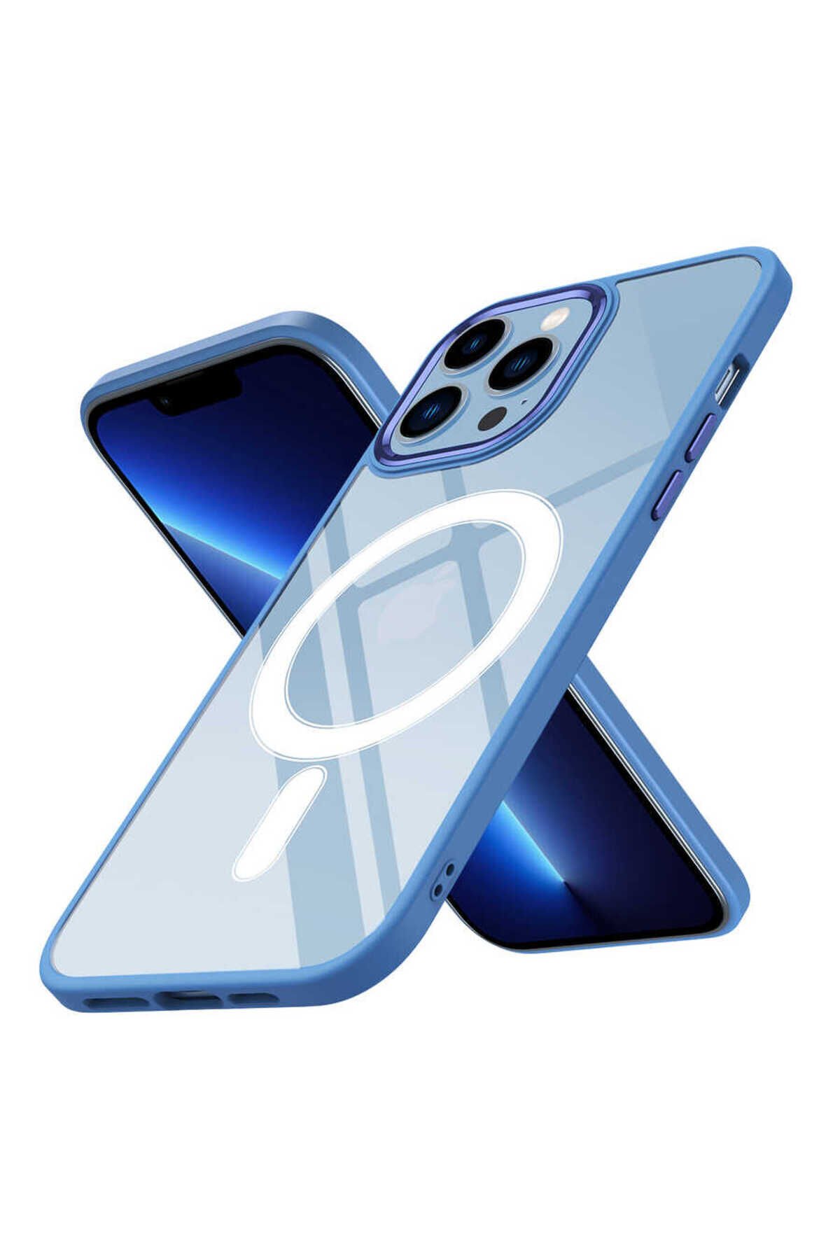 iPhone 12 Pro Max Uyumlu Wireless Şarj Özellikli BSAY Krom Magsafe Silikon Kılıf-Mavi