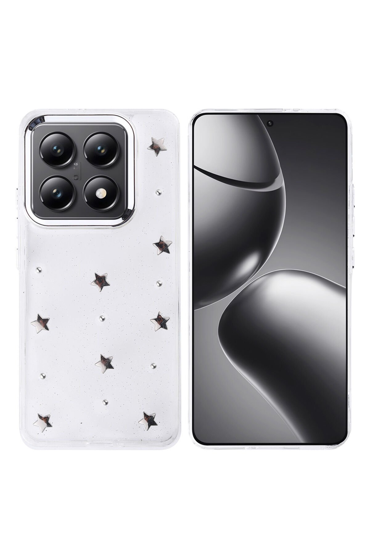 14T Pro Kılıf Airbag Tasarımlı Simli Şeffaf TCMK Kutup Kapak - Yıldız Yıldız