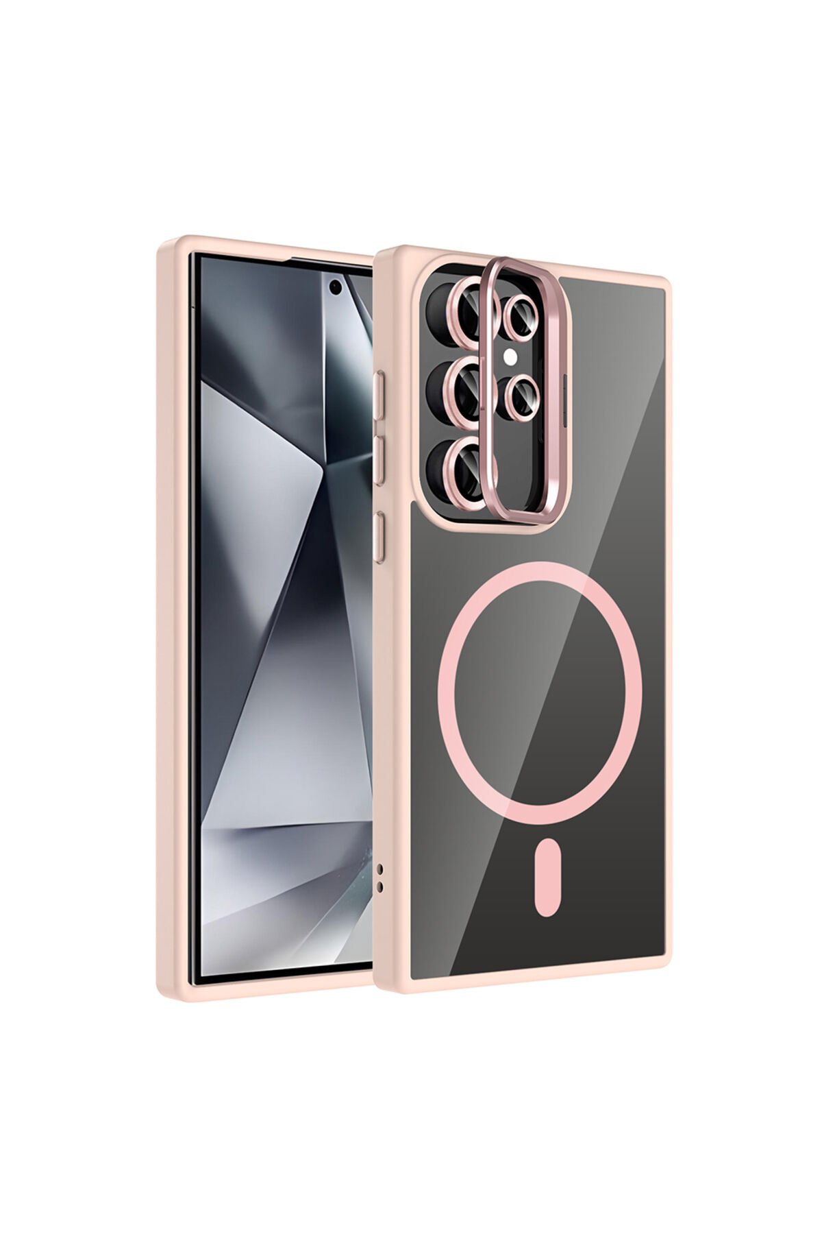 Galaxy S24 Ultra Kılıf Standlı ve Kamera Lens Hediyeli M-Safe Şarj Özellikli BSAY Etro Kapak - Pembe