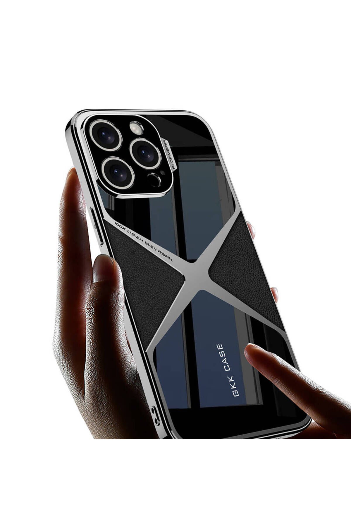 iPhone 15 Pro Kılıf Ultra İnce Kamera Korumalı PC + Deri Arka Yüzey BSAY X-Pro Kapak-Titanyum- Titanyum-Gri