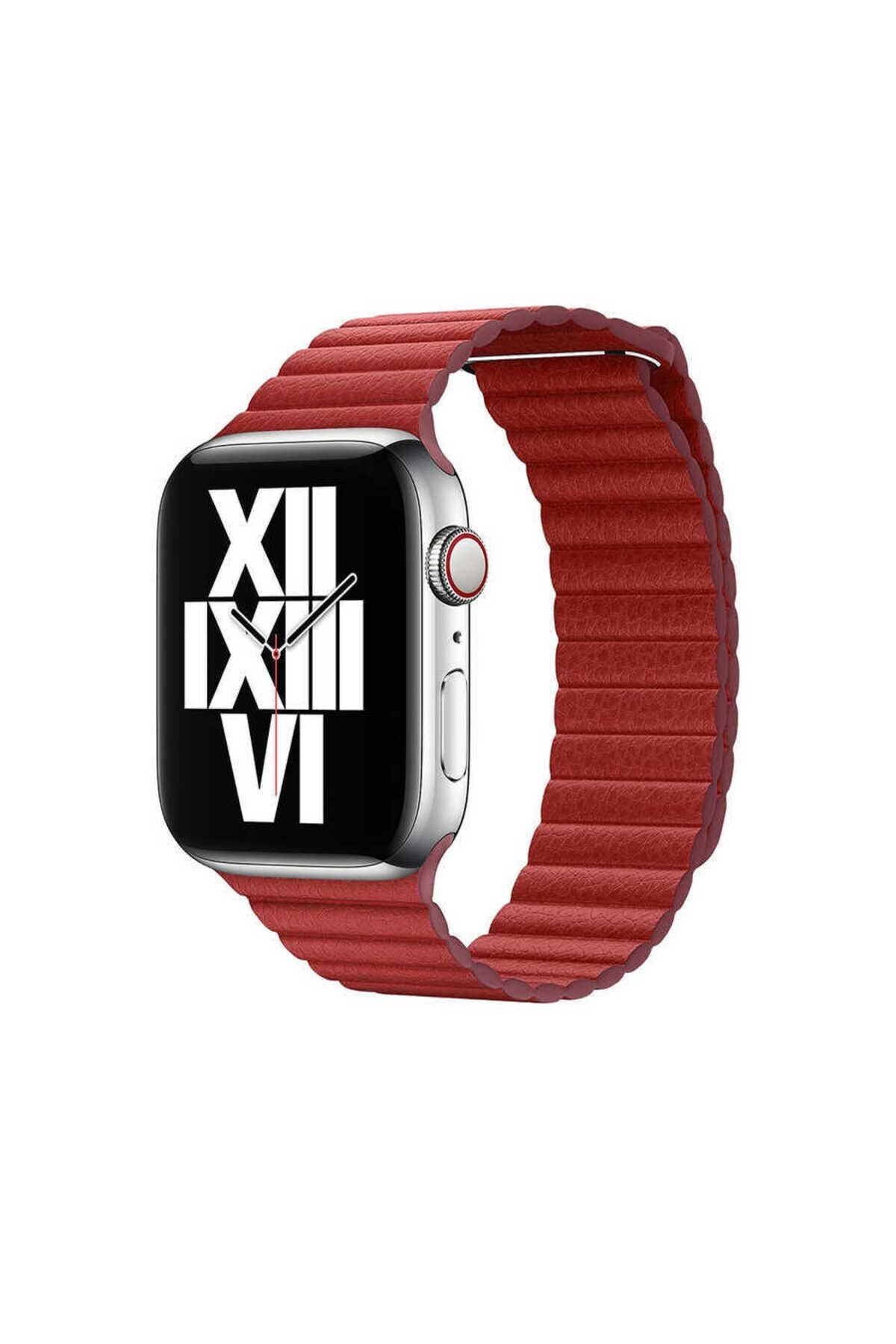 Watch Ultra 49mm Kordon Uyumlu KRD-09 Deri Lop Strap Kayış BSAY- Koyu Yeşil Kırmızı