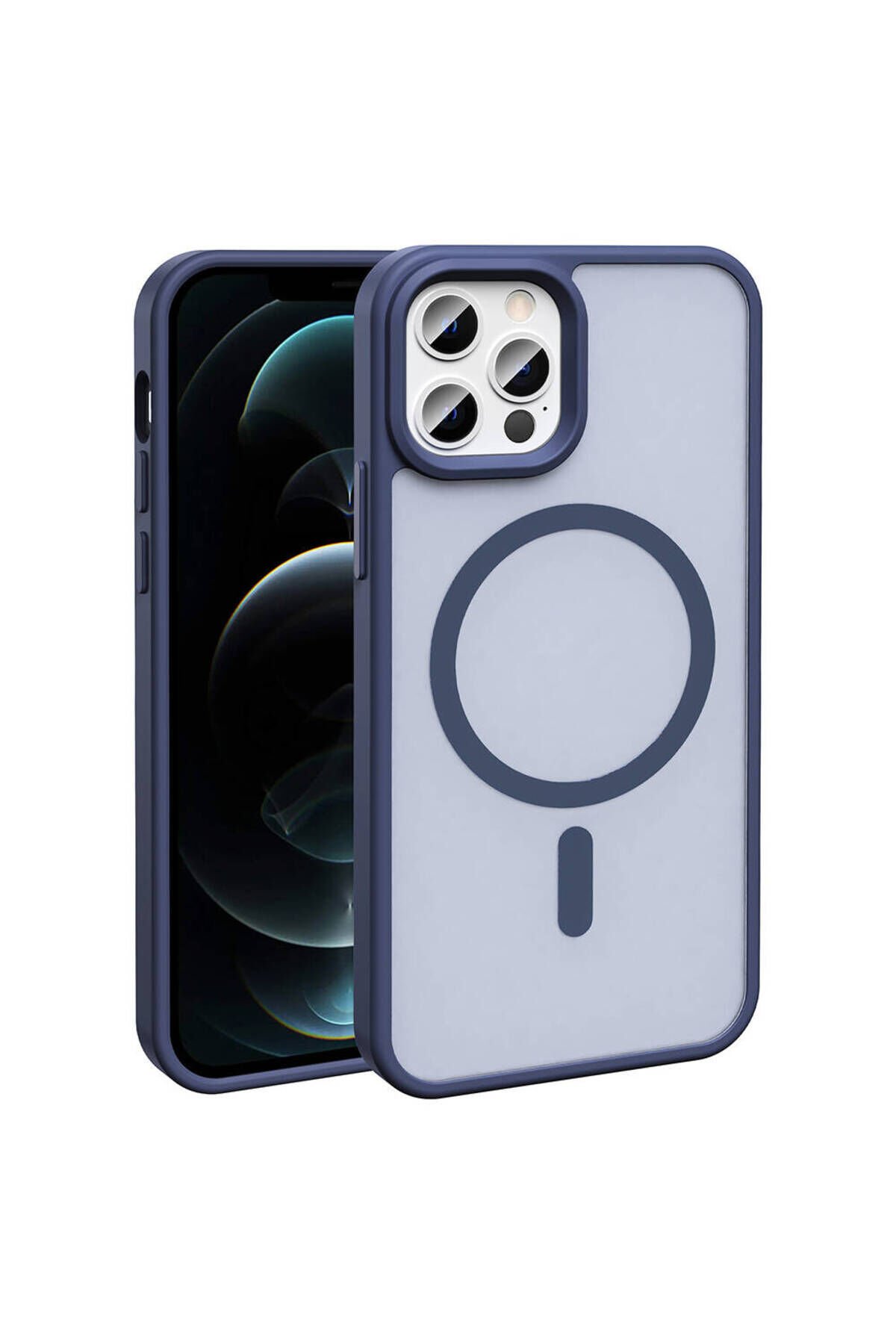 iPhone 12 Pro Kılıf Magsafe Şarj Özellikli Mat Arka Yüzey BSAY Sio Kapak-Lacivert Lacivert