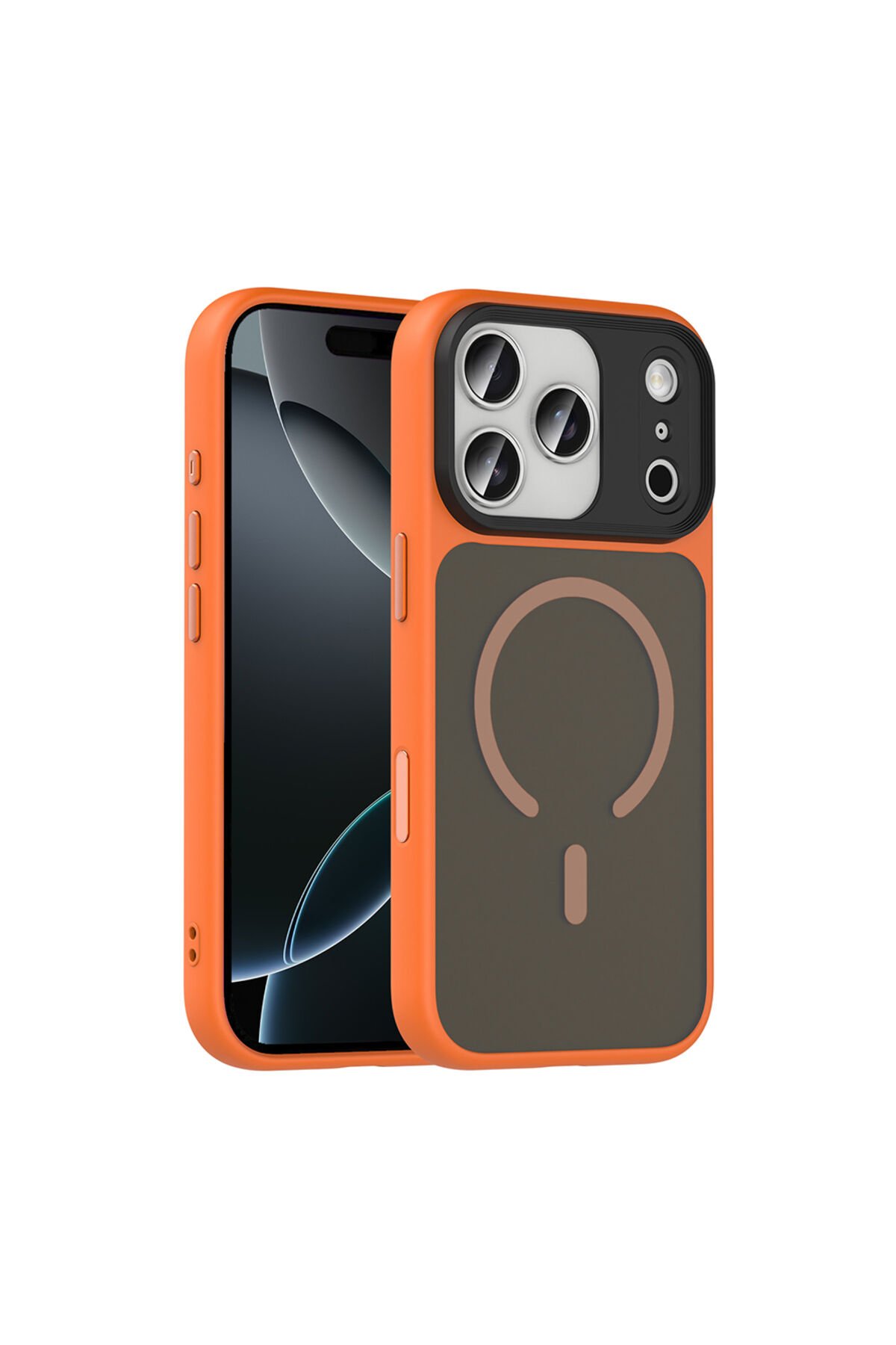 iPhone 17 Pro Max Kılıf Mat Arka Yüzey Wireless Şarj Özellikli BSAY Flet M-safe Kapak - Siyah Turuncu