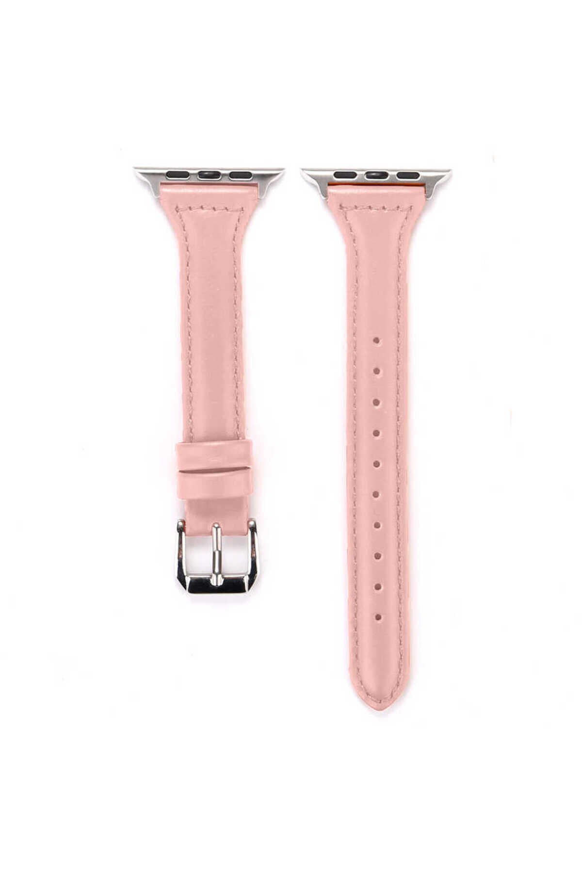 Watch Ultra 49mm Kordon Uyumlu KRD-28 Deri Strap Kayış BSAY- Siyah Pembe