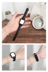 Watch Ultra 49mm Kordon Uyumlu KRD-28 Deri Strap Kayış BSAY- Siyah Pembe
