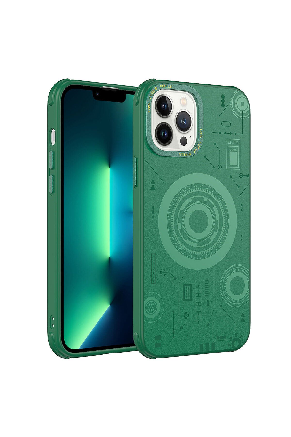 iPhone 13 Pro Max Uyumlu BSAY Wireless Şarj Özellikli Desenli Hot Kılıf-Siyah Koyu Yeşil