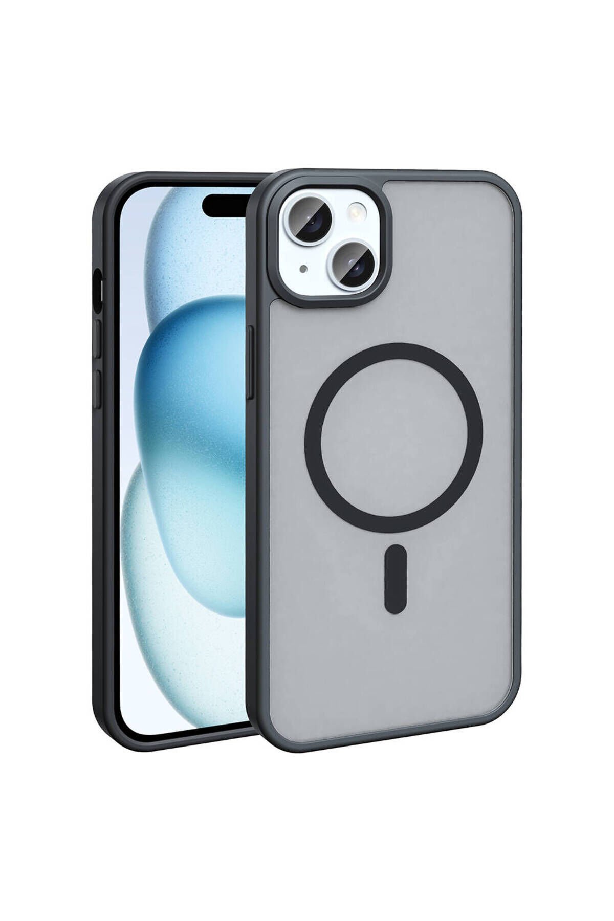 iPhone 14 Plus Kılıf Magsafe Şarj Özellikli Mat Arka Yüzey BSAY Sio Kapak-Gri Siyah