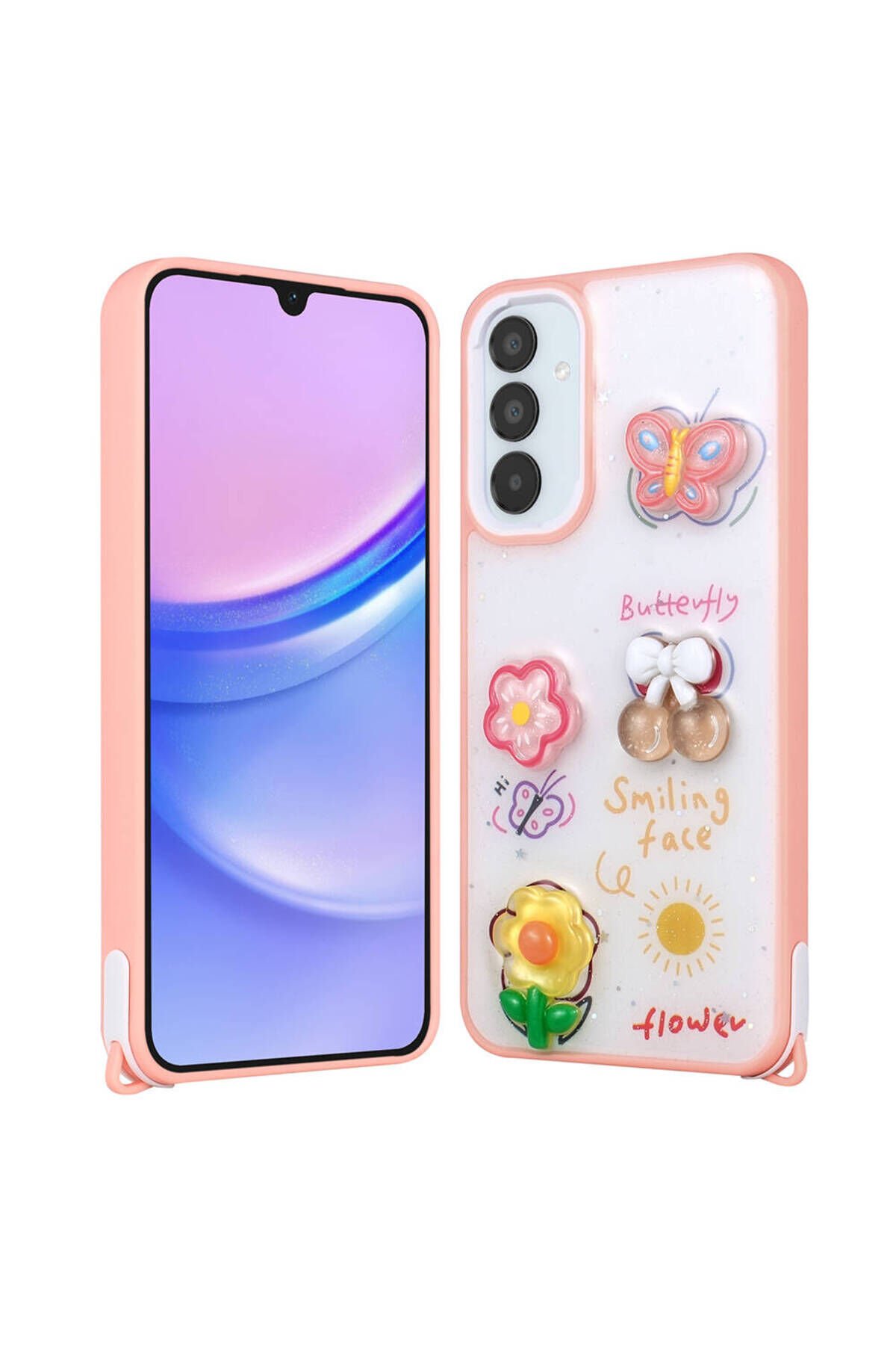 Galaxy A05S Kılıf Parlayan Simli Kabartma Figürlü SBT Cevze Kapak - Mor Papatya Pembe