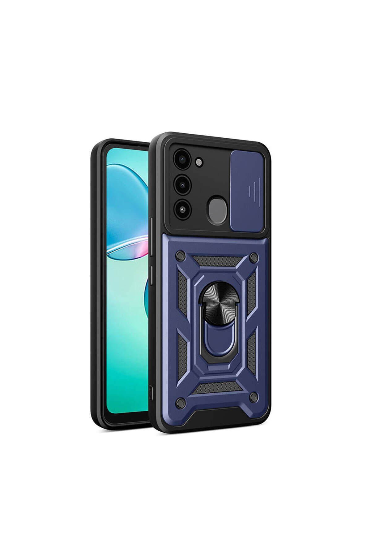 Tecno Spark 8C Kılıf Magnetik Standlı Kamera Korumalı BSAY Sürgülü Vega Kapak - Mavi Mavi
