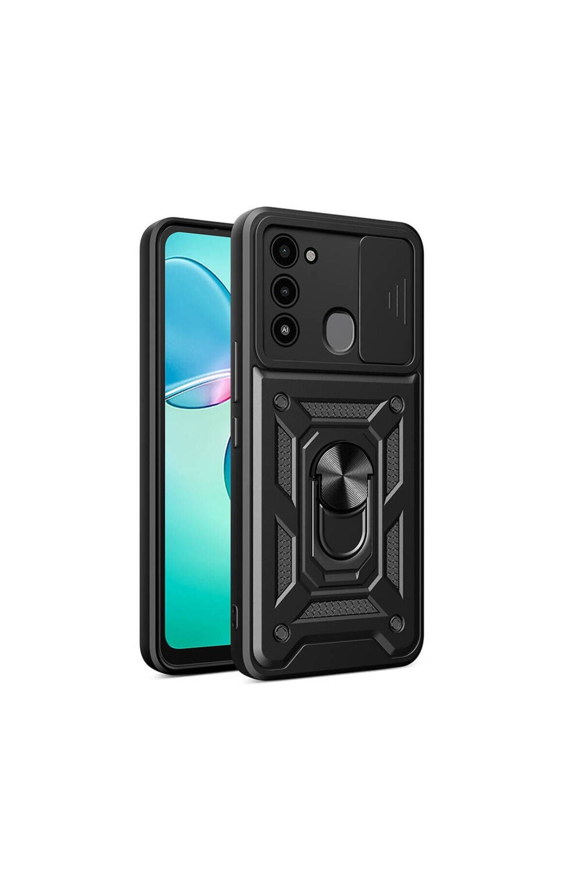 Tecno Spark 8C Kılıf Magnetik Standlı Kamera Korumalı Sürgülü Vega Kapak - Siyah Siyah