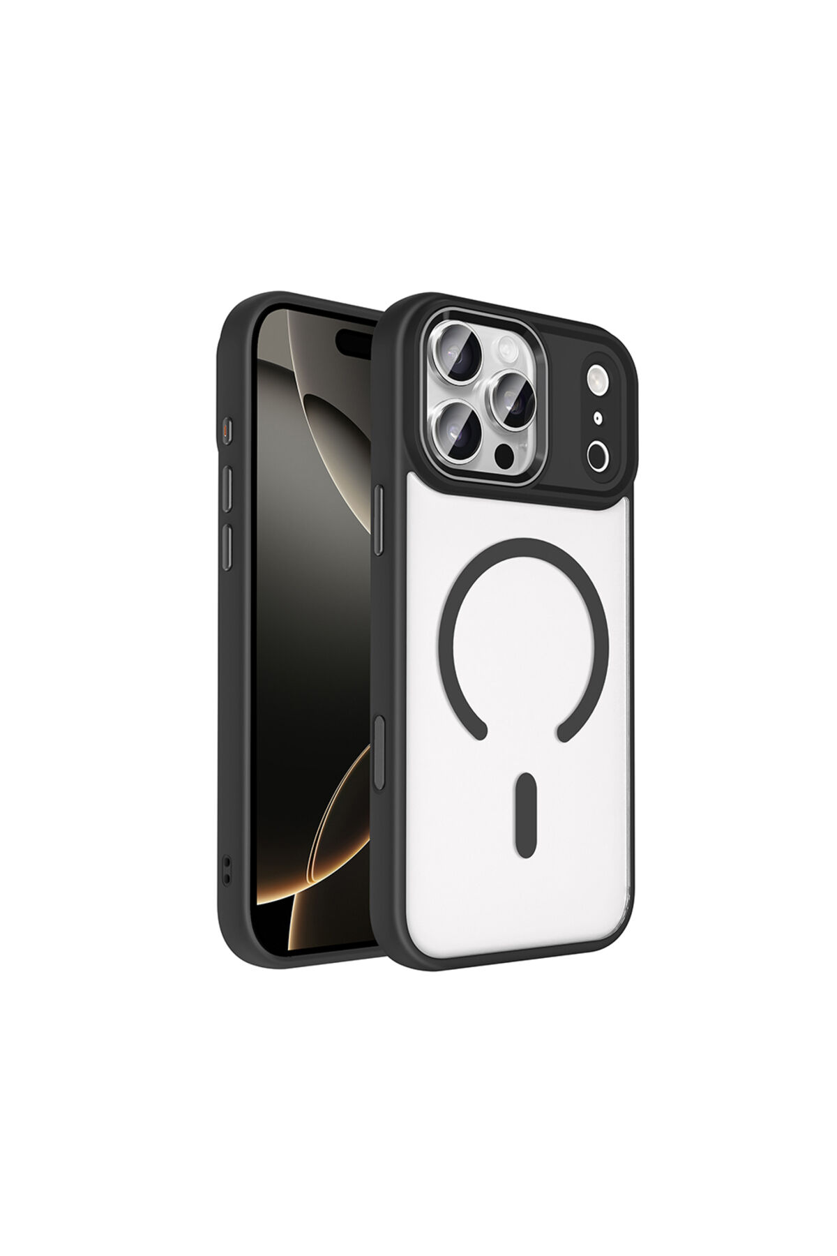 iPhone 17 Pro Kılıf Wireless Şarj Özellikli Zore Krom M-safe Silikon Kapak - Lacivert Siyah
