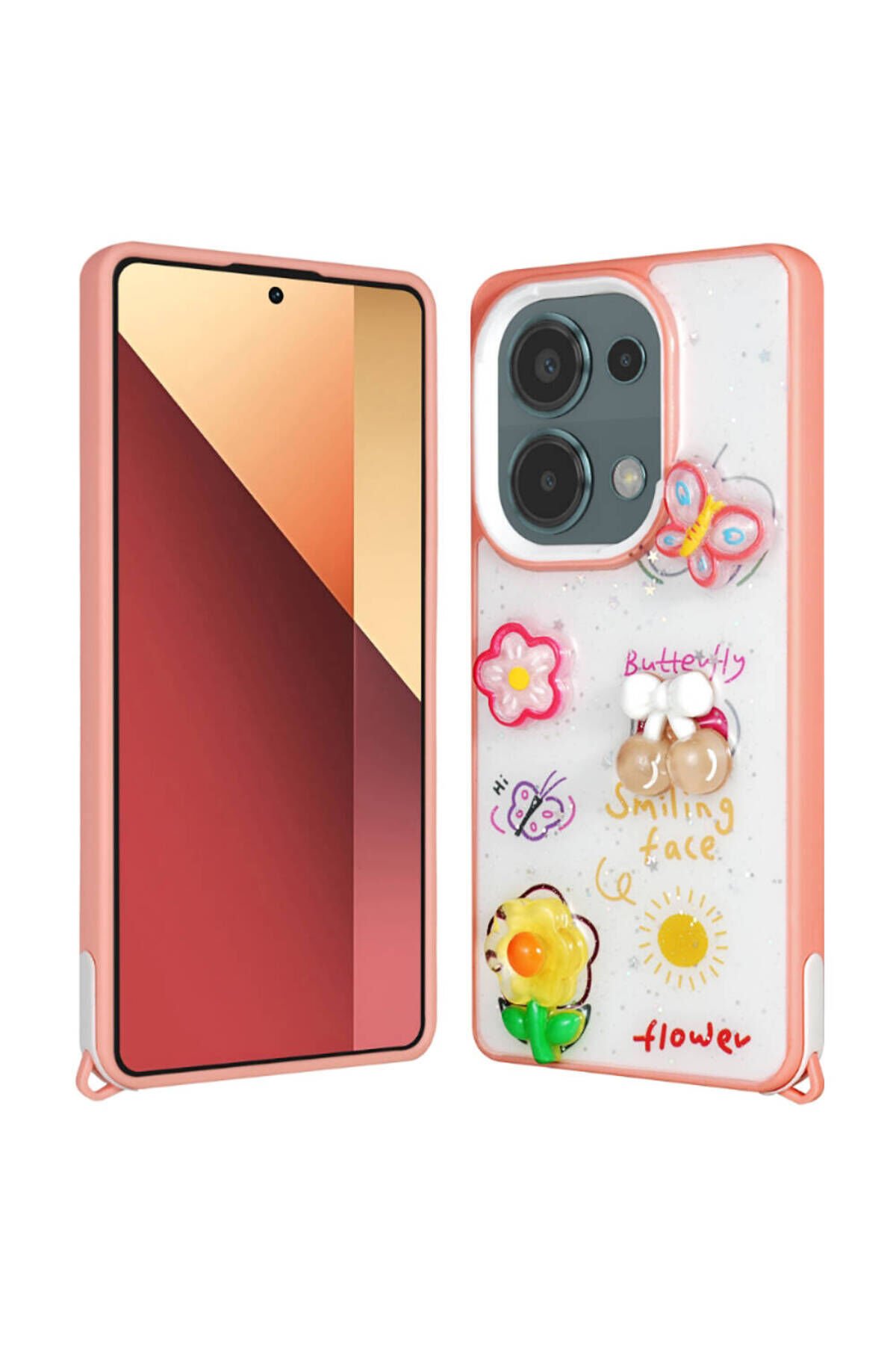 Poco M6 Pro 4G Kılıf Parlayan Simli Kabartma Figürlü BSAY Cevze Kapak - Beyaz Pembe