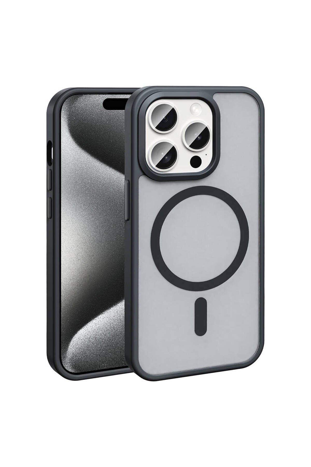 iPhone 15 Pro Max Kılıf Magsafe Şarj Özellikli Mat Arka Yüzey BSAY Sio Kapak-Siyah Siyah