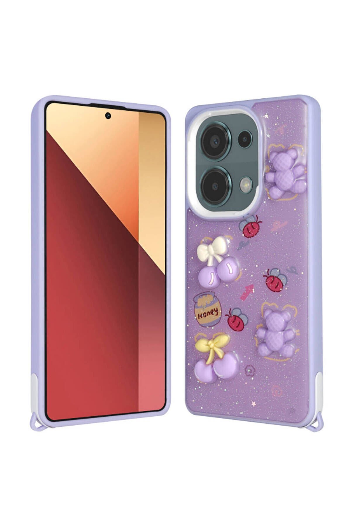 Poco M6 Pro 4G Kılıf Parlayan Simli Kabartma Figürlü BSAY Cevze Kapak - Beyaz Mor Ayı