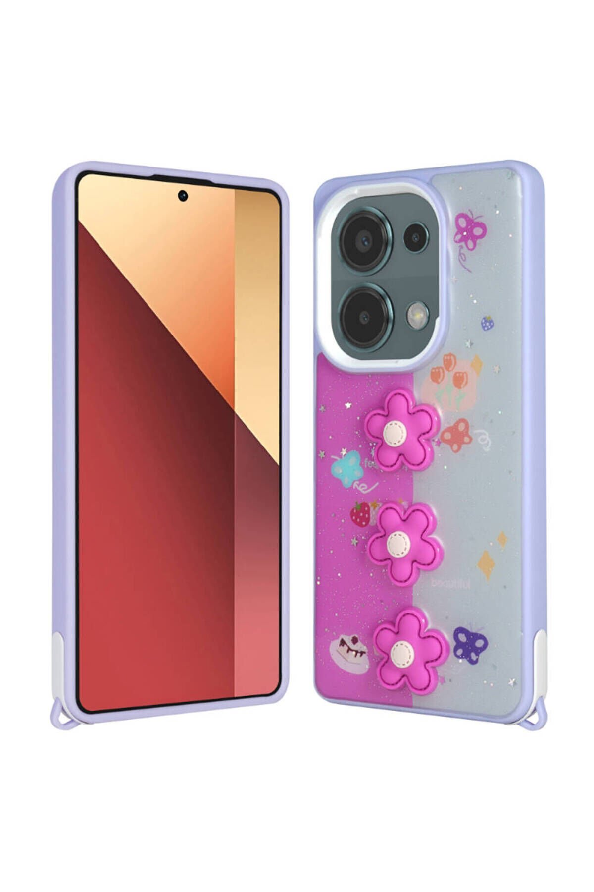 Poco M6 Pro 4G Kılıf Parlayan Simli Kabartma Figürlü SBT Cevze Kapak - Mor Papatya Mor Papatya