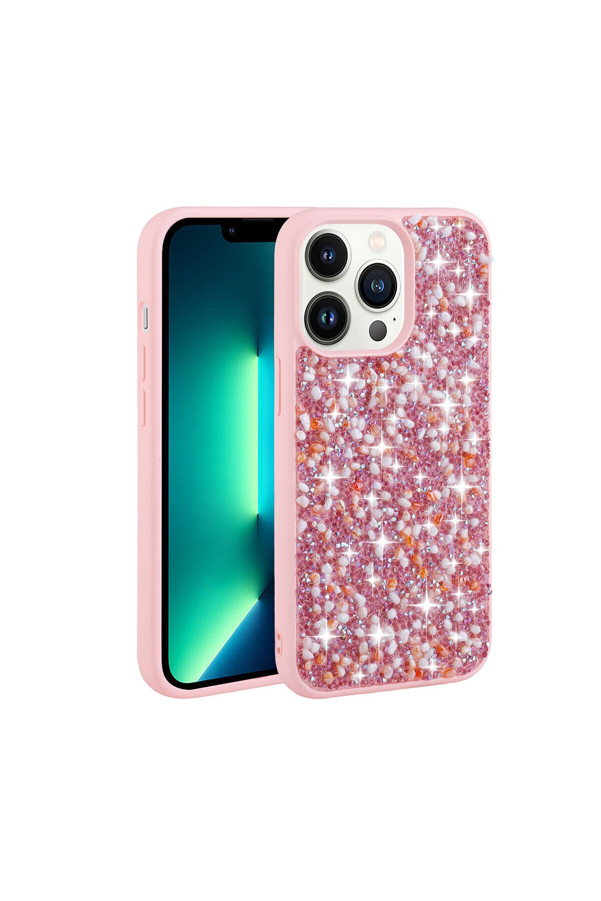 iPhone 12 Pro Max Uyumlu Parlak Taşlı Tasarım BSAY Linea Kılıf-Mor Pembe