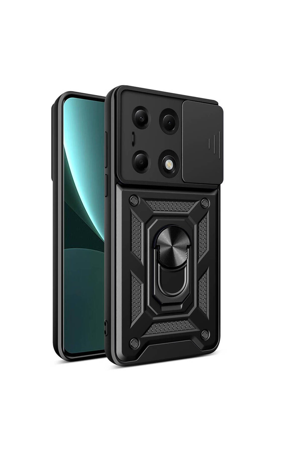 Poco M6 Pro 4G Kılıf Magnetik Standlı Kamera Korumalı BSAY Sürgülü Vega Kapak - Siyah Siyah