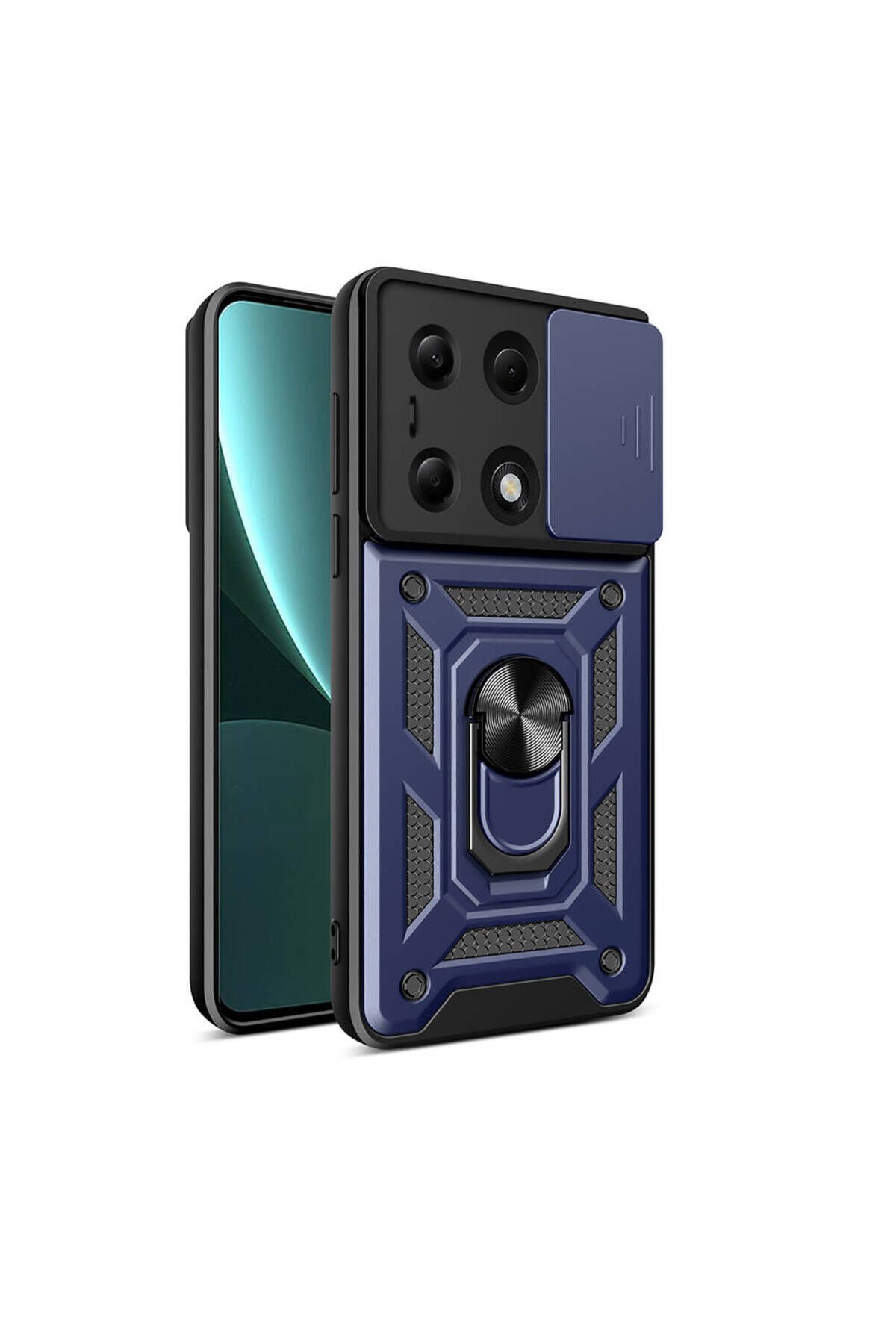 Poco M6 Pro 4G Kılıf Magnetik Standlı Kamera Korumalı BSAY Sürgülü Vega Kapak - Siyah Mavi