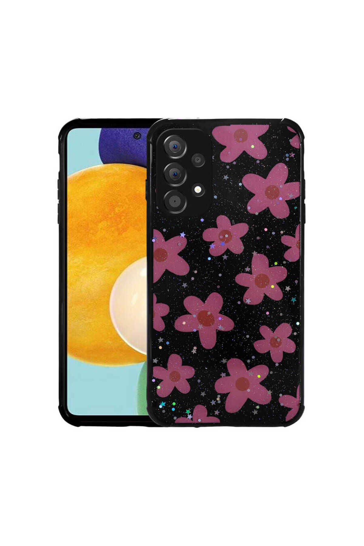 Galaxy A53 5G Kılıf Simli Desenli Kamera Korumalı Parlak BSAY Popy Kapak - Çiçek