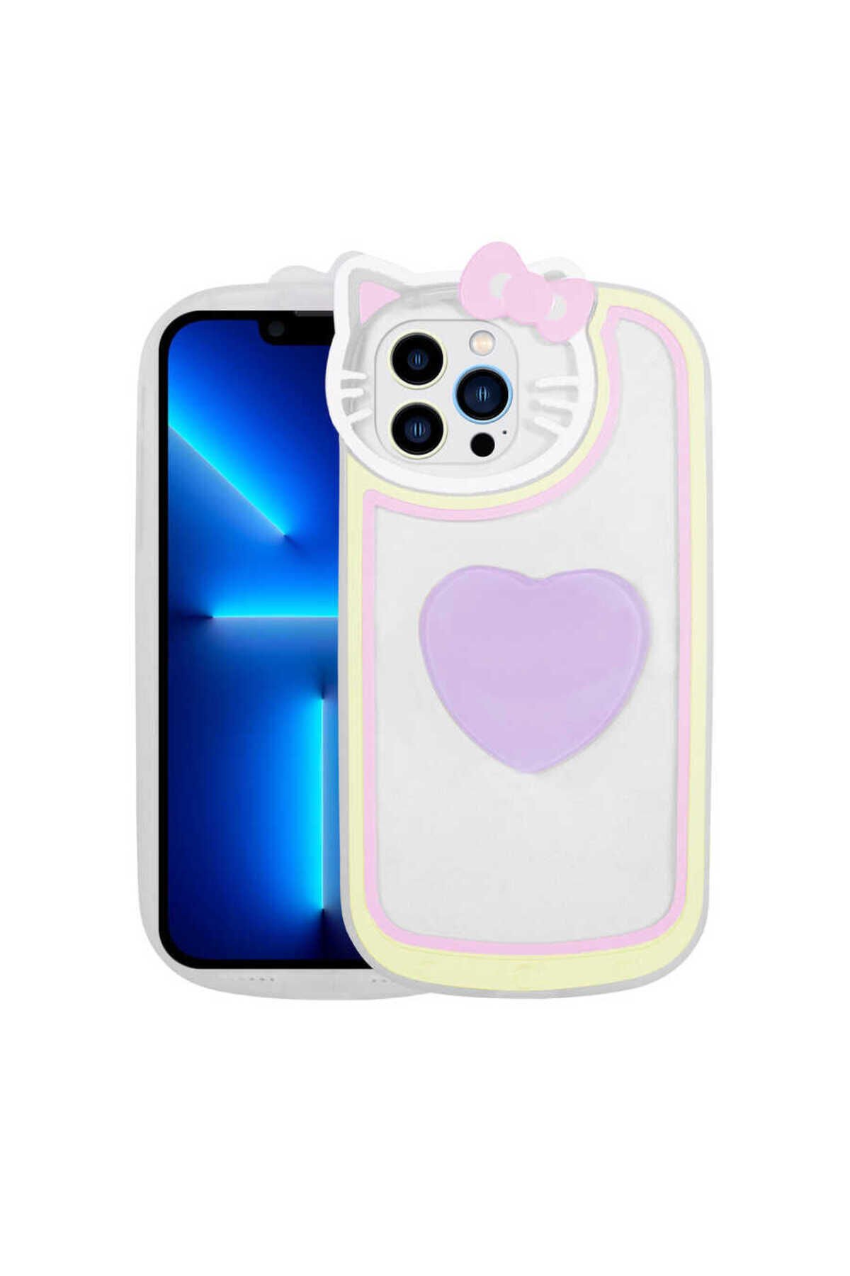 iPhone 12 Pro Uyumlu Kedi Figürlü Transparan Pop Soketli BSAY Ritmik Kılıf-Lila Lila