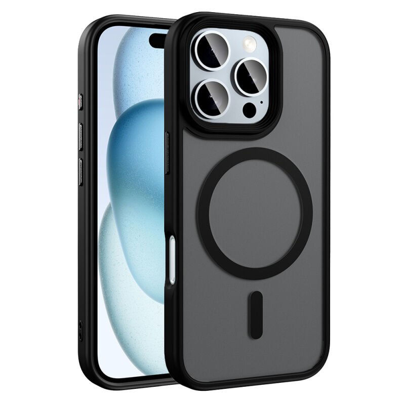 iPhone 16 Pro Max Kılıf Mat Arka Yüzey Wireless Şarj Özellikli Zore Flet M-safe Kılıf Siyah