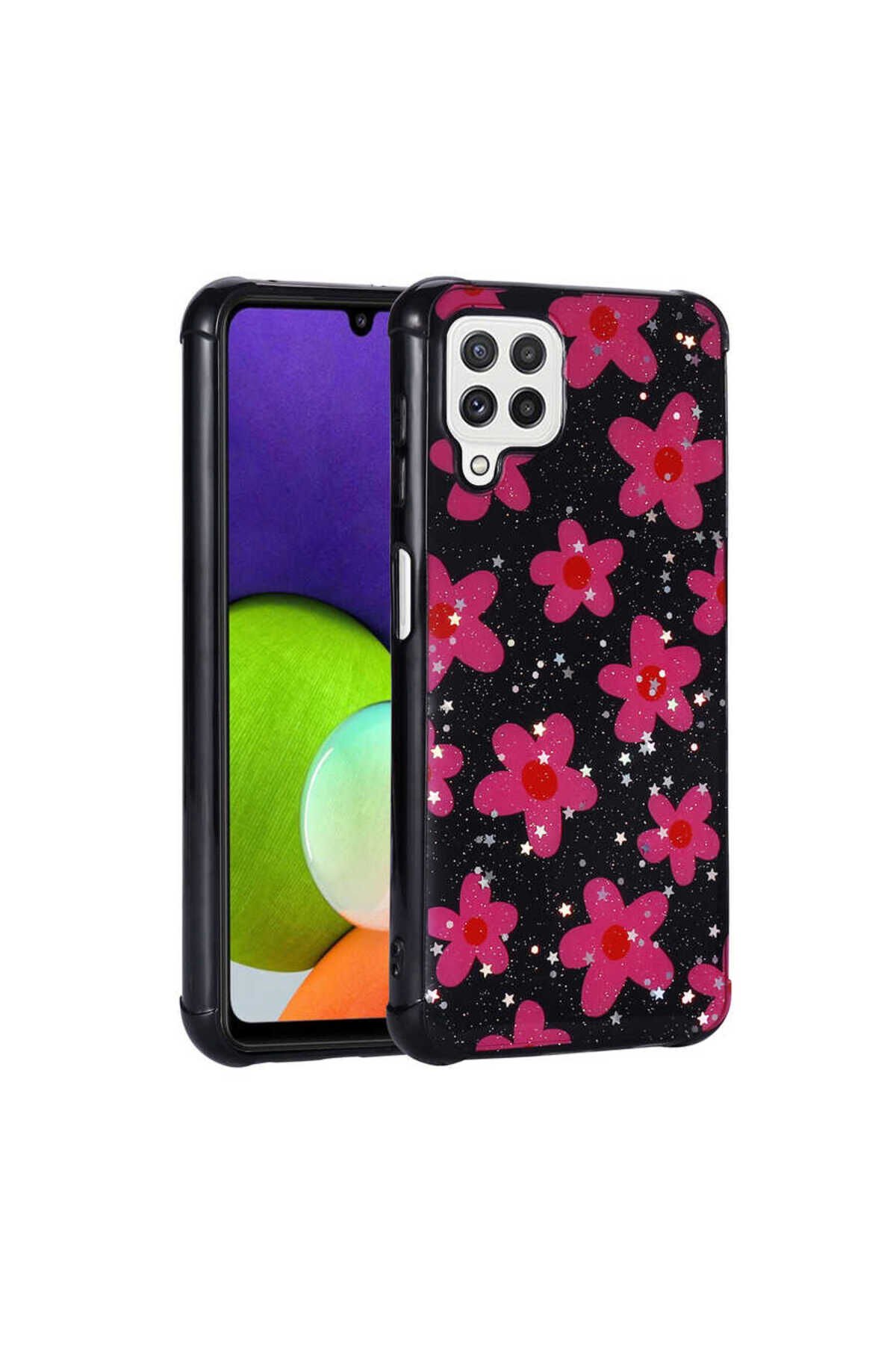 Galaxy A22 4G Kılıf Simli Desenli Kamera Korumalı Parlak NXAR Popy Kapak - Çiçek