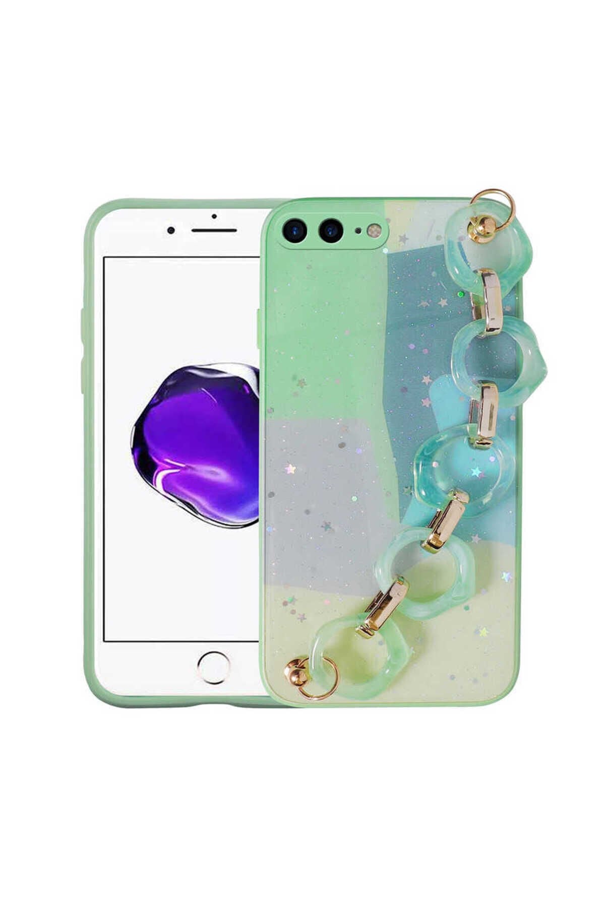 iPhone 8 Plus Kılıf Simli Desenli El Askılı Tutacaklı BSAY Elsa Silikon Kapak - Yeşil Yeşil