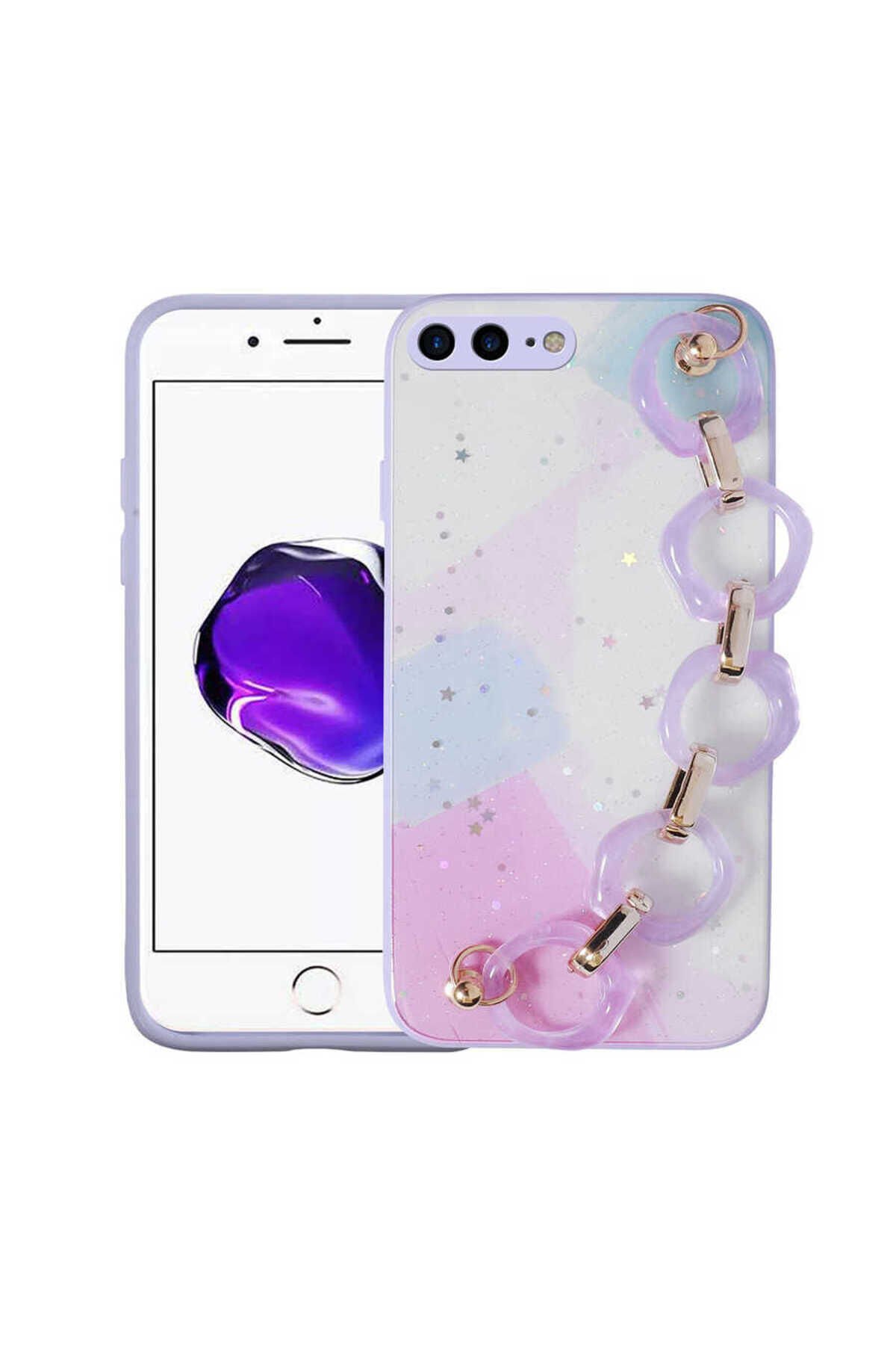 iPhone 8 Plus Kılıf Simli Desenli El Askılı Tutacaklı BSAY Elsa Silikon Kapak - Yeşil Pembe Koyu