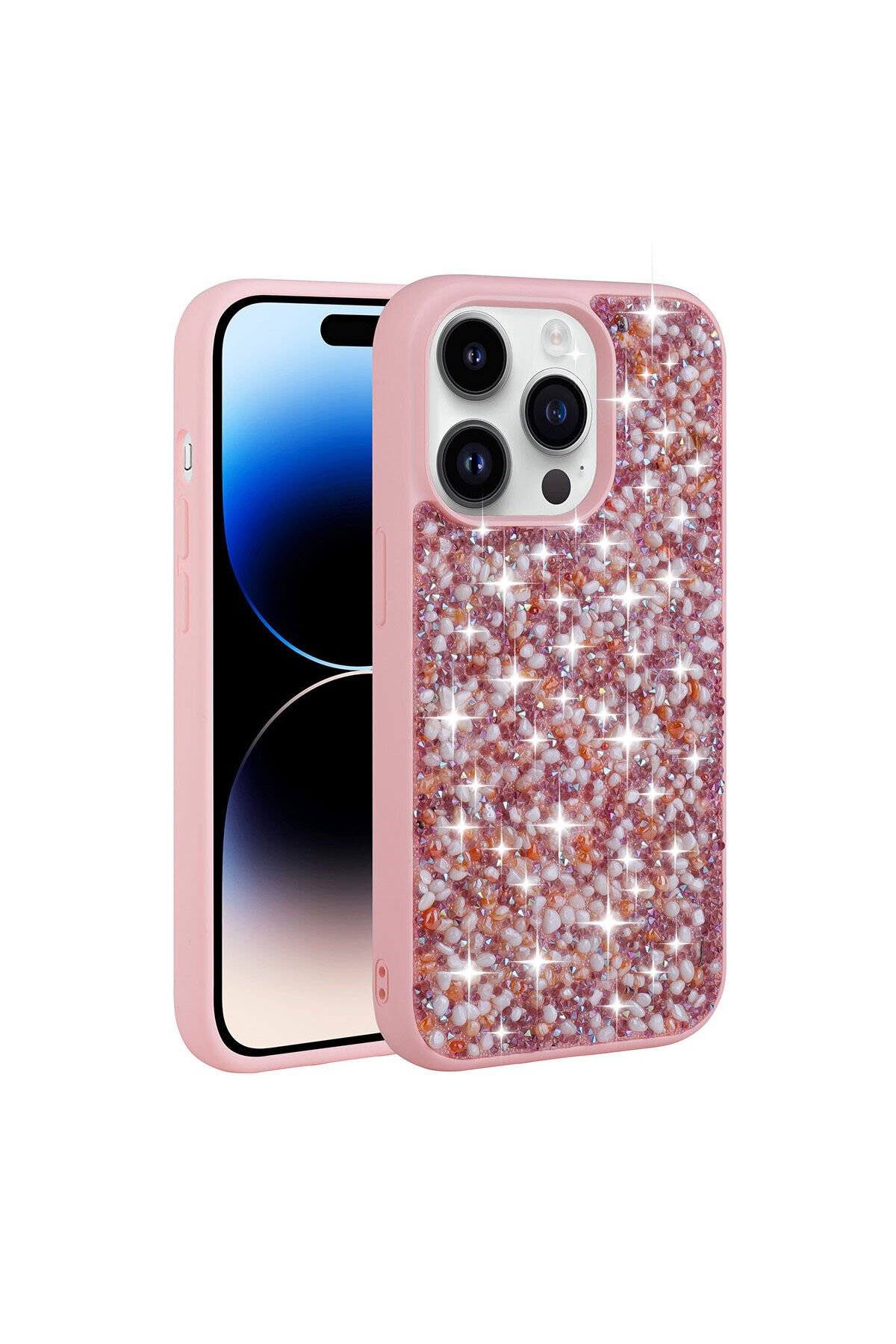 iPhone 14 Pro Max Uyumlu Parlak Taşlı Tasarım BSAY Linea Kılıf-Derin Mor Pembe