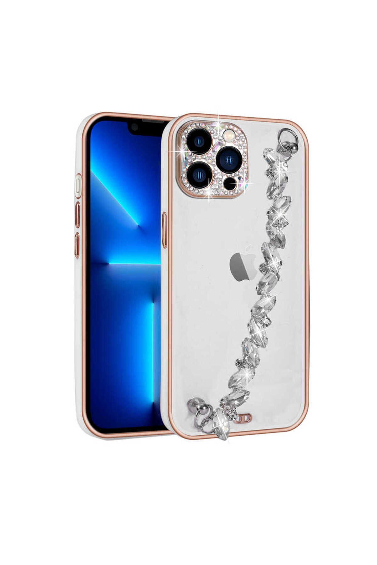 iPhone 13 Pro Uyumlu Taş Süslemeli Kamera Korumalı El Tutamaçlı BSAY Blazer Kılıf-Beyaz