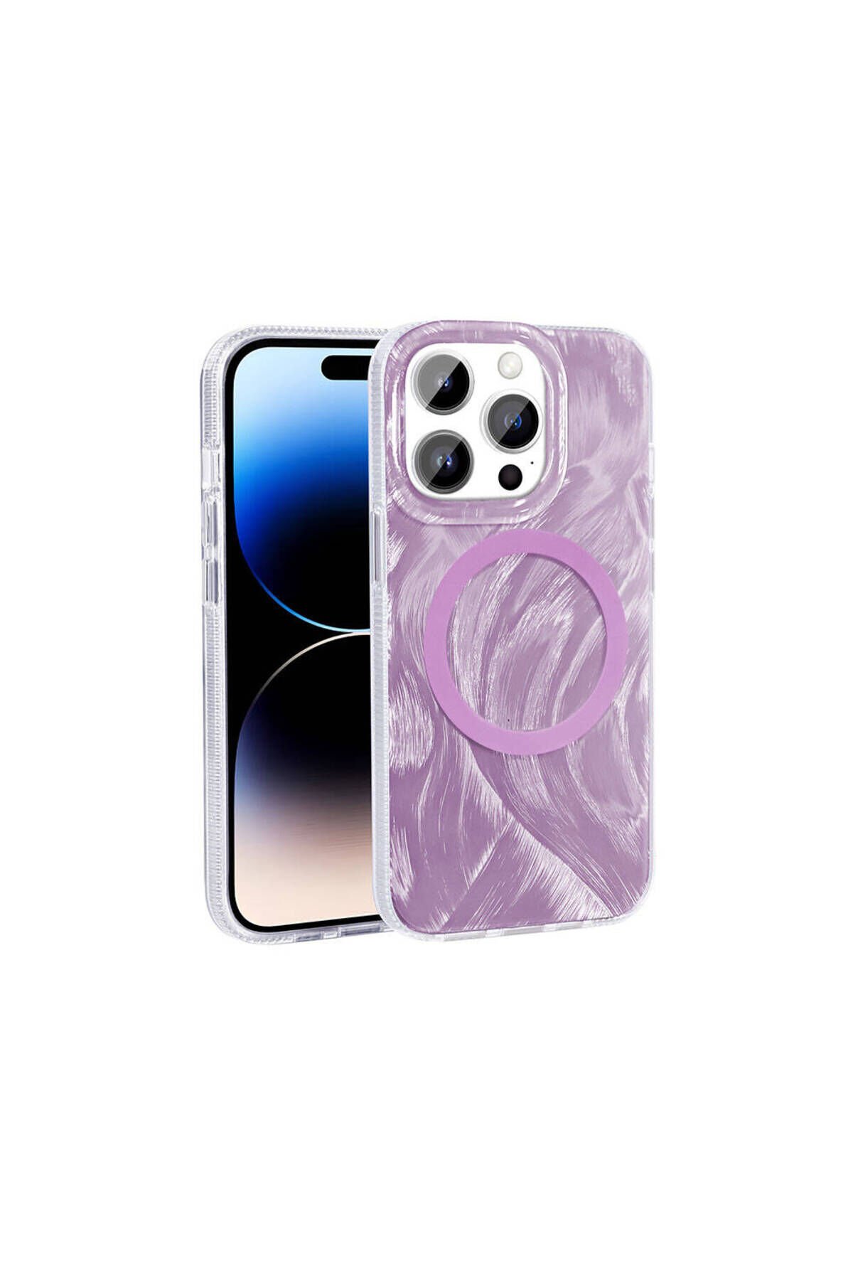 iPhone 14 Pro Kılıf Magsafe Şarj Özellikli Fırça Boya Desenli BSAY Palet Kapak - Pembe Gri